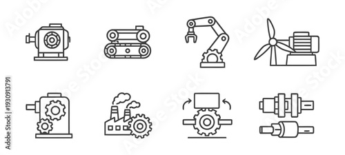 Industrial machinery and engineering icons including motors, robots, and factories