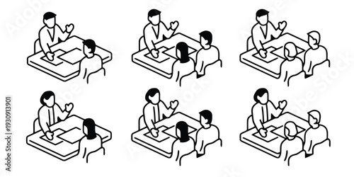 Isometric icons of people in business meetings discussing and collaborating around tables