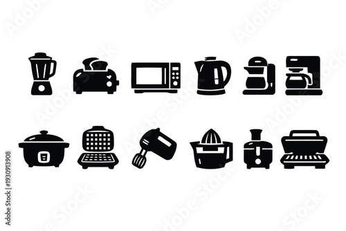 Kitchen appliances vector icons for cooking and food preparation, including blender and coffee maker