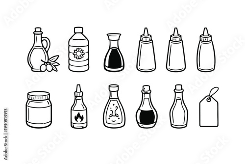 Kitchen condiments and sauces bottles icons set for culinary design