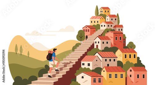 Traveler Ascends Staircase To Charming Hillside Village Destination