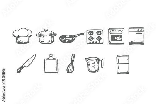 Kitchen utensils and appliances for cooking and baking in a home or professional setting.