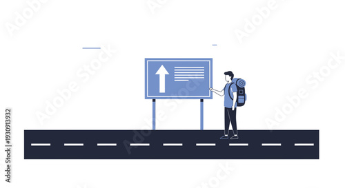 Traveler Consulting Directional Signpost on Roadside with Backpack