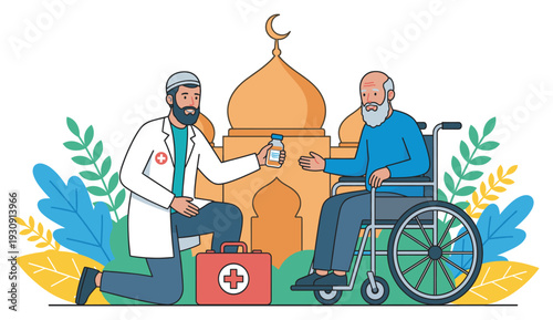 Doctor provides medical care to an elderly patient in a wheelchair, offering essential medication with a first aid kit nearby.