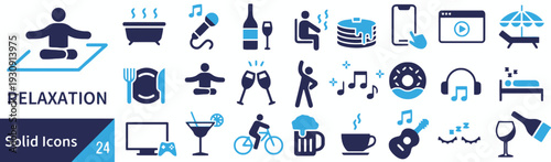 Leisure and wellness solid icons collection for healthy lifestyle and entertainment