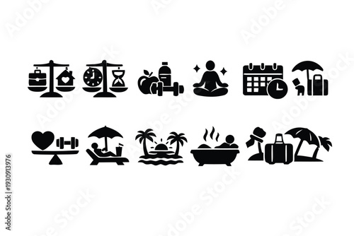 Lifestyle and wellness icons representing balance, health, and relaxation