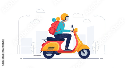 Traveler Riding Scooter Through Urban Environment Illustration