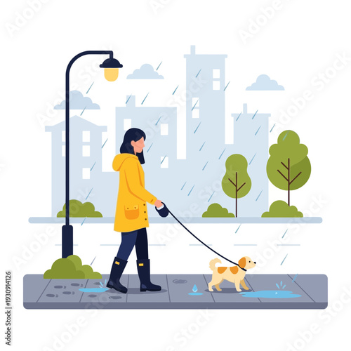 Urban Rainwalk With Cheerful Canine Companion On A City Sidewalk