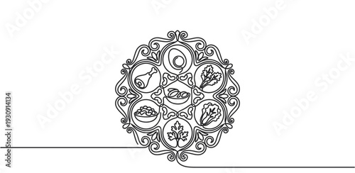 Passover Seder plate continuous line drawing illustration showcasing traditional symbolic foods for the Jewish holiday celebration.