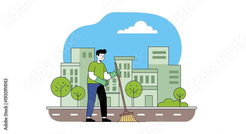 Urban Sanitation Worker Sweeping Streets In A Clean City Environment