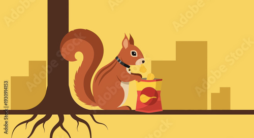 Urban Squirrel Enjoys Potato Chips Amidst City Skyline