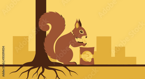 Urban Squirrel Delight Eating From A Bag Amidst Cityscape Graphics