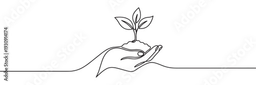 Human hand holding young plant seedling with soil in a continuous line art drawing style representing growth and care.
