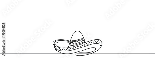 Sombrero hat drawn in a continuous line style representing Mexican culture and traditional festive celebrations with minimalist elegance.