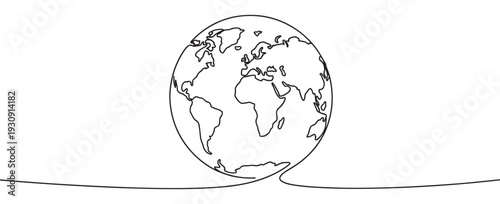 Continuous line drawing of planet Earth globe with visible continents symbolizing global connection, unity, and environmental awareness.