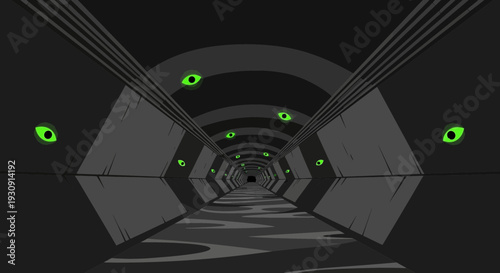 Tunnel Vision With Glowing Eyes, Creepy Dark Concept, Abstract Digital Illustration Design
