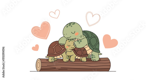 Turtles Embracing On A Log Surrounded By Hearts