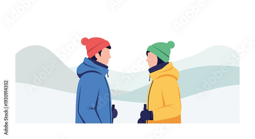 Two People In Winter Coats Facing Each Other In Snow Landscape