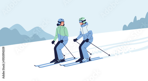 Two People Skiing Down A Snowy Mountain Slope In Winter Resort