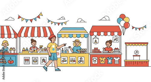 Vibrant Outdoor Market Scene With Diverse Stalls And Happy Shoppers