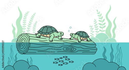 Two Turtles And A Log Floating In The Water With Fish Beneath