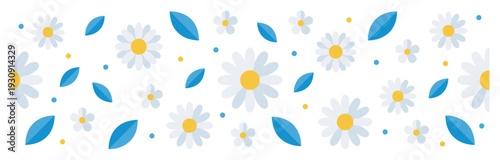 White daisies, blue leaves, and dots create a cheerful, seamless floral pattern for spring and summer designs.