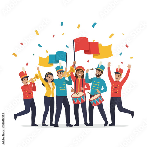 Vibrant Parade Performers Celebrate With Instruments And Confetti