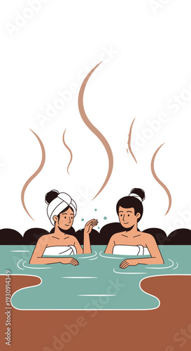 Two Women Relaxing In A Steamy Hot Spring Enjoying A Tranquil Escape