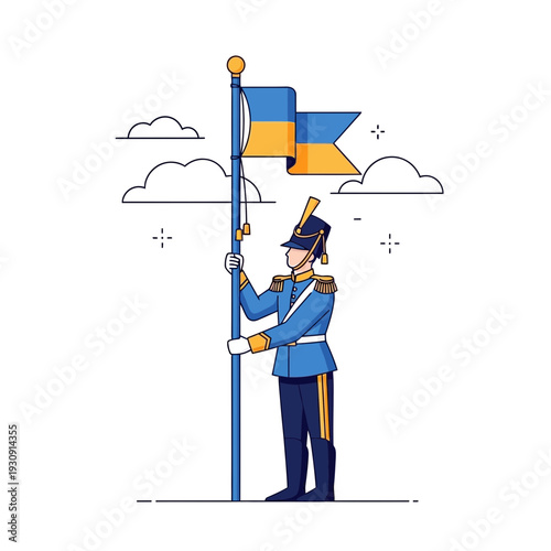 Ukrainian Soldier Proudly Holds National Flag High In A Stylized Illustration