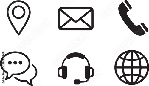 Collection of customer service icons including location pin email phone chat bubble headset and globe on a white background