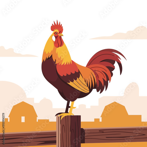 Vibrant Rooster Perched Atop Wooden Post Announces Dawn's Arrival in Rural Landscape Scene