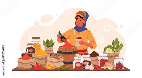 Vibrant Spice Market Scene With Woman Scooping Red Powder