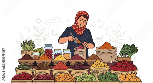 Vibrant Spice Market Scene With Vendor And Colorful Ingredients