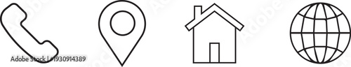 A set of four simple line icons representing communication location housing and globe