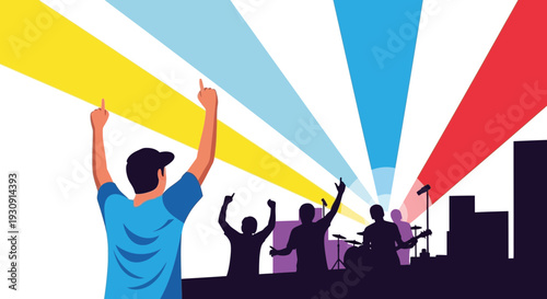 Vibrant Crowd Cheers At Live Music Performance Under Colorful Stage Lights