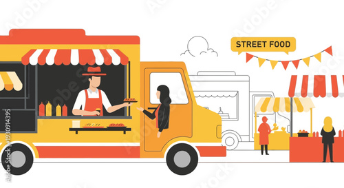 Vibrant Street Food Truck Scene With Diverse Patrons And Busy Vendors