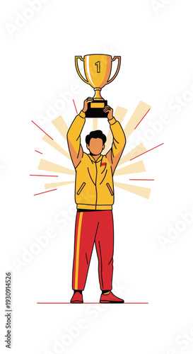 Victorious Athlete Holding Up Championship Trophy Celebrating Success