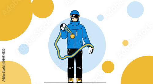 Victorious Skier Holding Prize Medal With Celebration Circles
