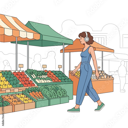 Vibrant Farmers Market Scene With Woman Enjoying Music And Fresh Produce