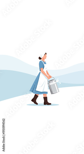 Vintage Farmhouse Woman Carrying Milk Pail Snowy Landscape