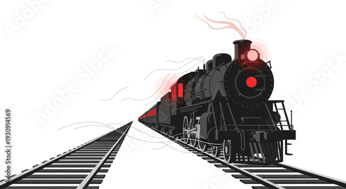 Vintage Steam Train Emerging From The Distance On Gleaming Rails Toward You