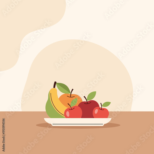 Vibrant Fruit Assortment On Plate Minimalist Flat Design Illustration