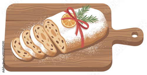 Christmas stollen, a traditional German fruit bread, beautifully decorated with powdered sugar and festive garnishes on a wooden board.