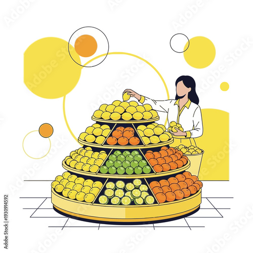 Vibrant Fruit Pyramid Display Woman Shopping Fresh Produce Market