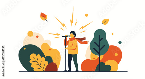 Vocalist Performs Energetically Amidst Autumnal Foliage and Abstract Shapes