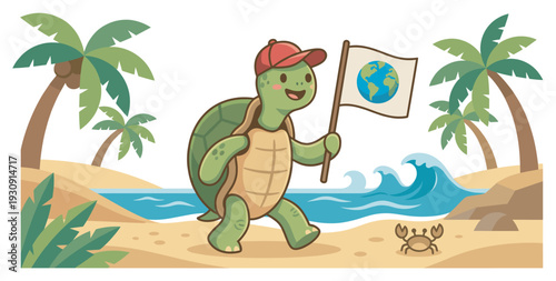 Cute cartoon turtle wearing a red cap walks on a sandy beach, proudly holding a flag with the Earth globe symbol, advocating for environmental protection.