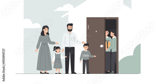 Welcome Home Greeting Guests at Door, Family Gathering with Gift, Vector Illustration