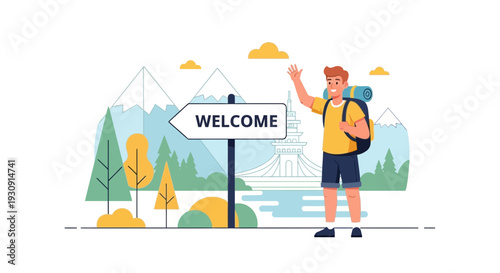 Welcome Sign and Adventurous Trekker Embracing Nature's Beauty in Mountain Scenery