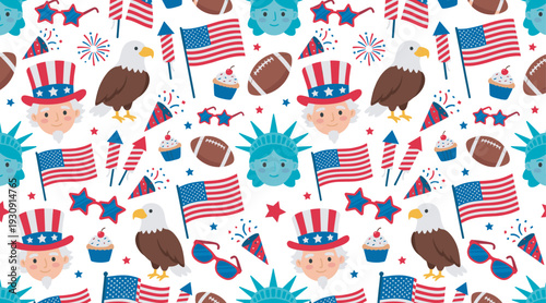 American patriotic celebration seamless pattern featuring iconic national symbols and festive elements for holidays.