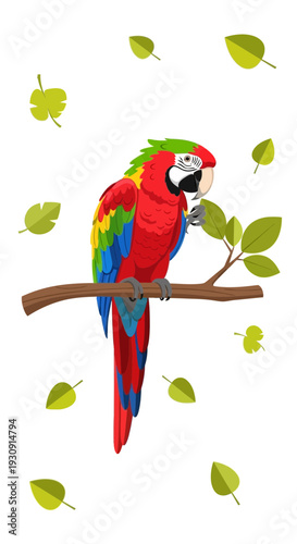 Vibrant Macaw Parrot Perched on Branch Amidst Falling Leaves